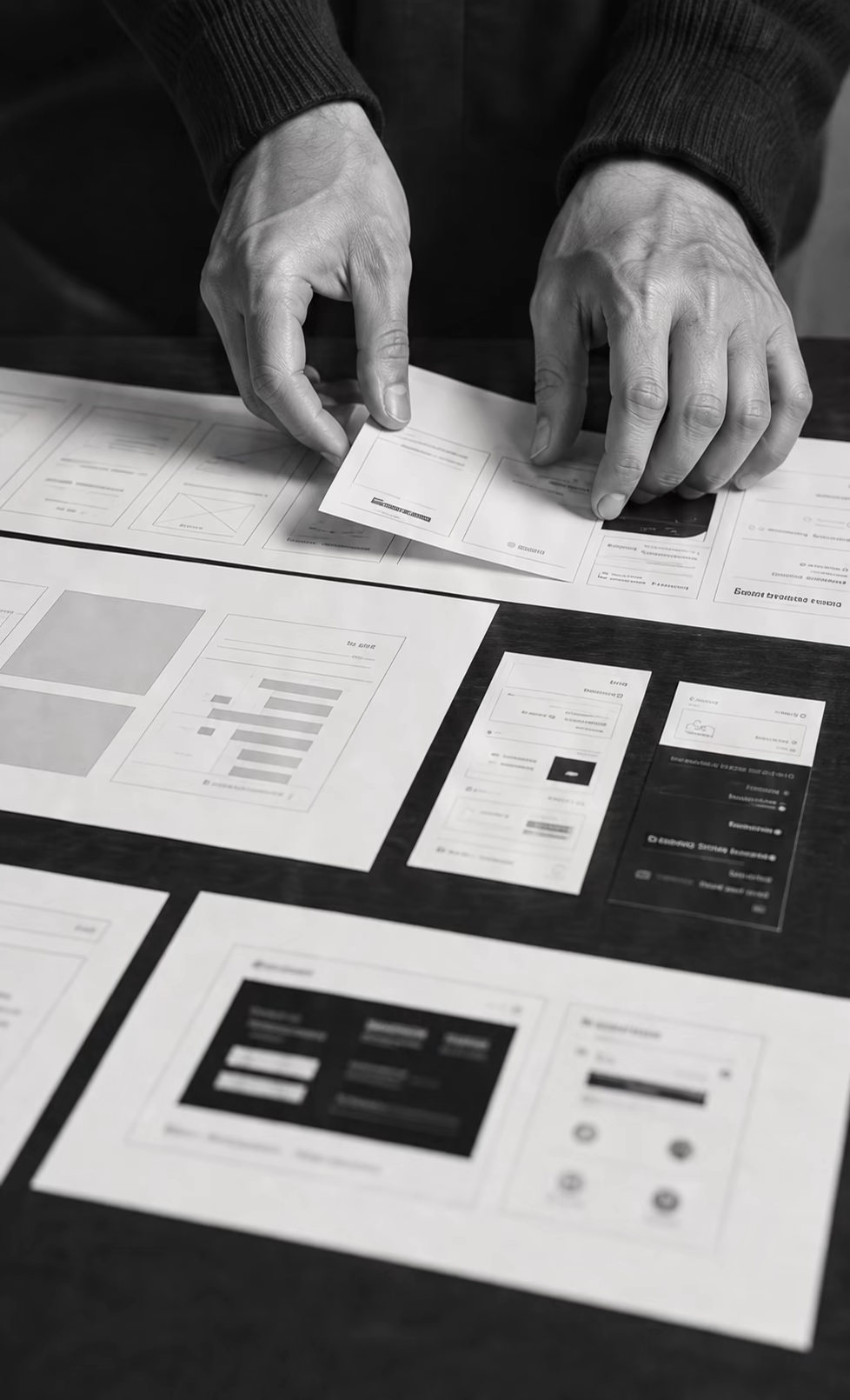 Hands arranging interface wireframes on a studio table