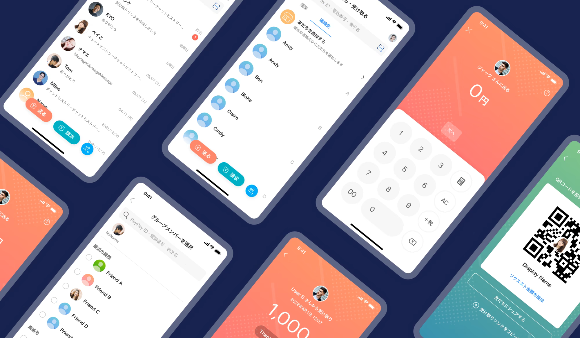Original PayPay peer-to-peer product screens showing contacts, amount entry, transfer confirmation, and QR receiving